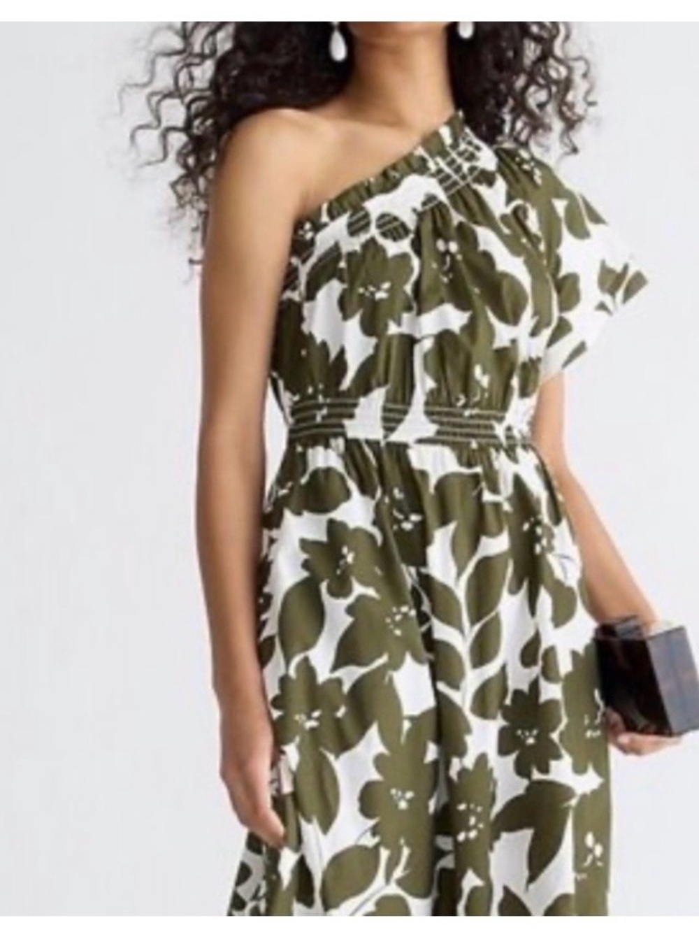 J Crew One-Shoulder Olive Green Floral Midi Dress